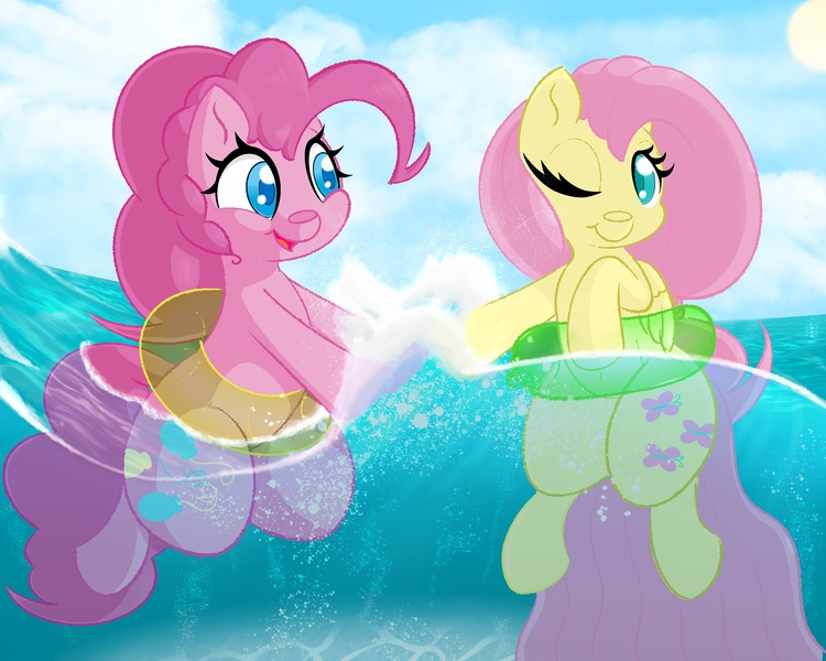 Size: 3000x2400 | Tagged: safe, artist:boneappleteeth, derpibooru import, fluttershy, pinkie pie, earth pony, pegasus, pony, bubble, cloud, cute, diapinkes, female, g4, happy, image, inflatable, inner tube, jpeg, mare, ocean, one eye closed, open mouth, open smile, pool toy, shyabetes, smiling, splash, splashing, water