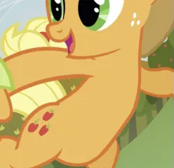 Size: 517x498 | Tagged: safe, derpibooru import, screencap, applejack, earth pony, pony, apple family reunion, bipedal, cropped, g4, image, open mouth, pictures of bellies, png, smiling, solo