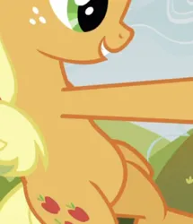 Size: 427x497 | Tagged: safe, derpibooru import, screencap, applejack, earth pony, pony, apple family reunion, belly, bipedal, cropped, g4, image, pictures of bellies, png, smiling, solo