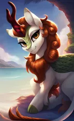 Size: 1960x3200 | Tagged: safe, ai content, derpibooru import, editor:derp621, machine learning generated, prompter:derp621, stable diffusion, autumn blaze, kirin, beach, cave, g4, generator:pony diffusion v6 xl, image, jpeg, looking at you, raised hoof, tropical