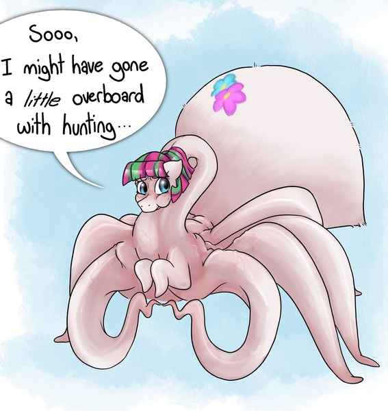 Size: 2010x2126 | Tagged: safe, alternate version, artist:smirk, derpibooru import, blossomforth, oc, monster pony, original species, spiderpony, fanfic:blossomthing, blossomthing, blue background, body horror, commission, dialogue, eldritch abomination, embarrassed, g4, image, jpeg, long neck, shapeshifter, shapeshifting, sheepish, simple background, solo, speech bubble, tentacle neck, tentacle spider, tentacles