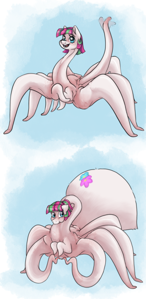 Size: 2010x4107 | Tagged: safe, artist:smirk, derpibooru import, blossomforth, oc, monster pony, original species, spiderpony, fanfic:blossomthing, blossomthing, blue background, body horror, commission, eldritch abomination, embarrassed, g4, image, long neck, open mouth, open smile, png, shapeshifter, shapeshifting, sheepish, simple background, smiling, solo, tentacle neck, tentacle spider, tentacles, waving