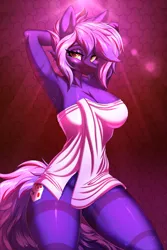 Size: 4000x6000 | Tagged: suggestive, artist:ask-colorsound, derpibooru import, oc, oc:dark straw, anthro, bathrobe, clothes, derpibooru exclusive, image, looking at you, png, robe, solo, sultry pose