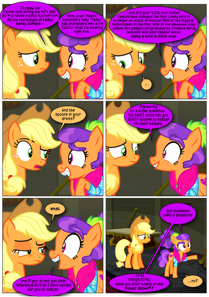 Size: 868x1230 | Tagged: safe, artist:dziadek1990, derpibooru import, edit, edited screencap, screencap, applejack, plaid stripes, the saddle row review, comic, conversation, dialogue, g4, image, png, power glove, scene interpretation, screencap comic, tacky, text