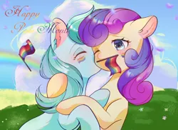 Size: 1482x1080 | Tagged: source needed, safe, artist:蝶琏, derpibooru import, bon bon, lyra heartstrings, sweetie drops, earth pony, pony, unicorn, duo, female, flag, horn, image, lesbian, lyrabon, png, pride, pride flag, pride month, shipping