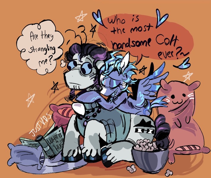Size: 1428x1205 | Tagged: safe, artist:justvoidsdumbstuff1, derpibooru import, oc, oc:flashy flaunt, oc:misty hooves, unofficial characters only, earth pony, pegasus, pony, beard, black hooves, blanket, blue coat, blue eyeshadow, blue mane, blue tail, blue teeth, clothes, coat markings, colored eartips, colored hooves, colored teeth, colored wings, colored wingtips, duo, earth pony oc, eyelashes, eyes closed, eyeshadow, facial hair, facial markings, food, gay, height difference, hug, hug from behind, image, indoors, jewelry, jpeg, lying down, makeup, male, necklace, nonbinary, oc x oc, orange background, pegasus oc, physique difference, pillow, popcorn, prone, purple mane, purple tail, sharp teeth, shiny hooves, shipping, signature, simple background, size difference, smiling, snip (coat marking), splotches, spread wings, stallion, stars, sunglasses, sweater, tail, teeth, thinking, thought bubble, turtleneck, turtleneck sweater, two toned coat, two toned wings, unshorn fetlocks, white coat, wings
