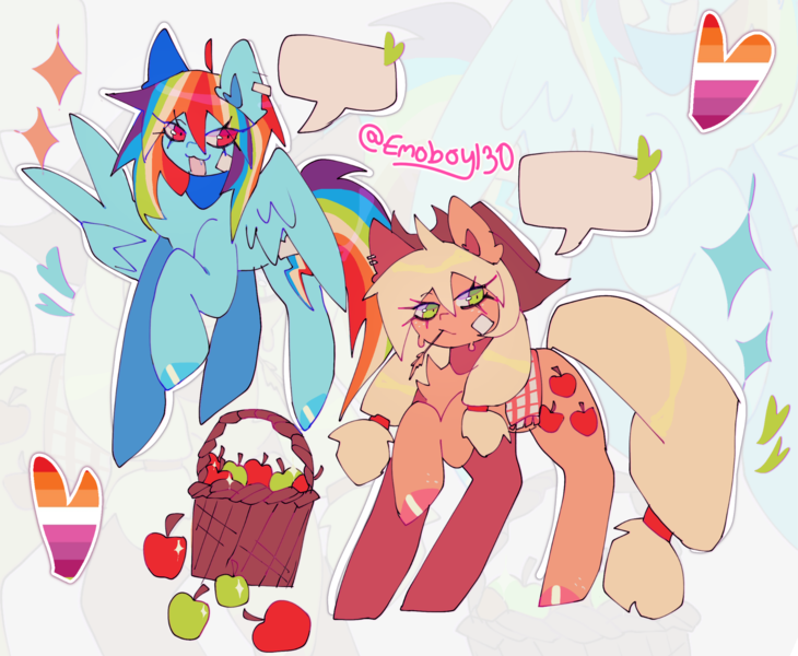 Size: 2048x1684 | Tagged: safe, artist:emoboy130, derpibooru import, applejack, rainbow dash, earth pony, pegasus, pony, :3, abstract background, ahoge, alternate eye color, alternate hairstyle, apple, apple basket, appledash, applejack's hat, bandaid, basket, blonde mane, blonde tail, blue coat, blue hooves, chest fluff, colored, colored hooves, colored pinnae, cowboy hat, duo, duo female, ear fluff, ear piercing, earring, eye clipping through hair, female, flying, food, g4, green eyes, hat, image, jewelry, lesbian, lesbian pride flag, long eyelashes, long legs, long mane, long tail, looking back, mare, multicolored hair, open mouth, open smile, orange coat, orange hooves, peace sign, piercing, pigtails, png, pride, pride flag, pride month, rainbow hair, rainbow tail, raised hoof, red eyes, shiny hooves, shiny mane, shiny tail, shipping, signature, smiling, sparkles, standing, straw in mouth, sweat, sweatdrop, tail, tied mane, tied tail, wing hands, wings, zoom layer