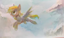 Size: 4024x2444 | Tagged: safe, artist:unclechai, derpibooru import, derpy hooves, pegasus, pony, cloud, female, flying, image, png, sky, smiley face, traditional art, watercolor painting, yellow mane