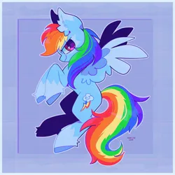 Size: 2048x2048 | Tagged: safe, artist:foxelity, derpibooru import, rainbow dash, pegasus, pony, abstract background, colored hooves, ear fluff, female, flying, full body, g4, high res, image, jpeg, mare, side view, signature, smiling, solo, spread wings, square background, unshorn fetlocks, wings