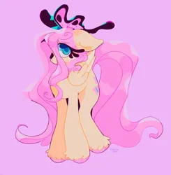 Size: 2008x2048 | Tagged: safe, artist:foxelity, derpibooru import, fluttershy, butterfly, insect, pegasus, pony, colored hooves, eye clipping through hair, eyebrows, eyebrows visible through hair, female, full body, g4, high res, image, jpeg, mare, pink background, signature, simple background, solo, unshorn fetlocks