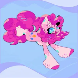 Size: 2048x2048 | Tagged: safe, artist:foxelity, derpibooru import, pinkie pie, earth pony, pony, coat markings, colored hooves, ear fluff, female, full body, g4, high res, hoof fluff, image, jpeg, leaping, looking at you, mare, open mouth, open smile, pale belly, signature, smiling, smiling at you, socks (coat marking), solo