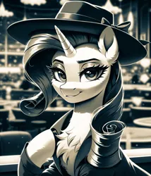 Size: 3104x3624 | Tagged: safe, ai content, derpibooru import, machine learning generated, prompter:midnightdashie, stable diffusion, rarity, pony, unicorn, clothes, detective, detective rarity, g4, generator:pony diffusion v6 xl, hat, horn, image, indoors, jpeg, looking at you, monochrome, noir, noise, smiling, smiling at you, solo, solo focus, trenchcoat