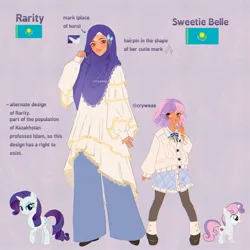 Size: 2048x2048 | Tagged: safe, artist:cryweas, derpibooru import, rarity, sweetie belle, human, pony, unicorn, alternate hairstyle, asian, bracelet, clothes, dress, duo, duo female, eyeshadow, female, filly, foal, friendship bracelet, headcanon, hijab, horn, humanized, image, islam, jewelry, jpeg, kazakhstan, lipstick, makeup, mare, nail polish, pants, purple background, reference sheet, ring, shirt, shoes, simple background, skirt, socks, stockings, thigh highs