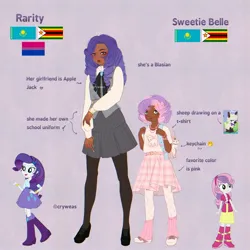 Size: 2048x2048 | Tagged: safe, artist:cryweas, derpibooru import, opalescence, rarity, sweetie belle, cat, human, pony, sheep, unicorn, equestria girls, alternate hairstyle, asian, backpack, bag, belt, bisexual pride flag, blasian, boots, bracelet, clothes, converse, dark skin, duo, duo female, ear piercing, earring, eyeshadow, female, filly, foal, g4, headcanon, horn, humanized, image, jewelry, jpeg, kazakhstan, keychain, leg warmers, lipstick, makeup, nail polish, necklace, piercing, pride, pride flag, purple background, reference sheet, ring, school uniform, shirt, shoes, simple background, skirt, socks, stockings, t-shirt, thigh highs, vest