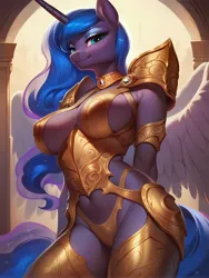 Size: 3072x4096 | Tagged: suggestive, ai content, generator:pony diffusion v6, machine learning generated, ponerpics import, stable diffusion, princess luna, alicorn, anthro, unguligrade anthro, absurd resolution, areola, armor, beautiful, beautisexy, bedroom eyes, belly button, big breasts, breasts, busty princess luna, clothes, ethereal mane, female, horn, image, jpeg, looking at you, panties, prompter:xydo, sitting, smiling, solo, solo female, stupid sexy princess luna, thighs, thong, underwear, wings