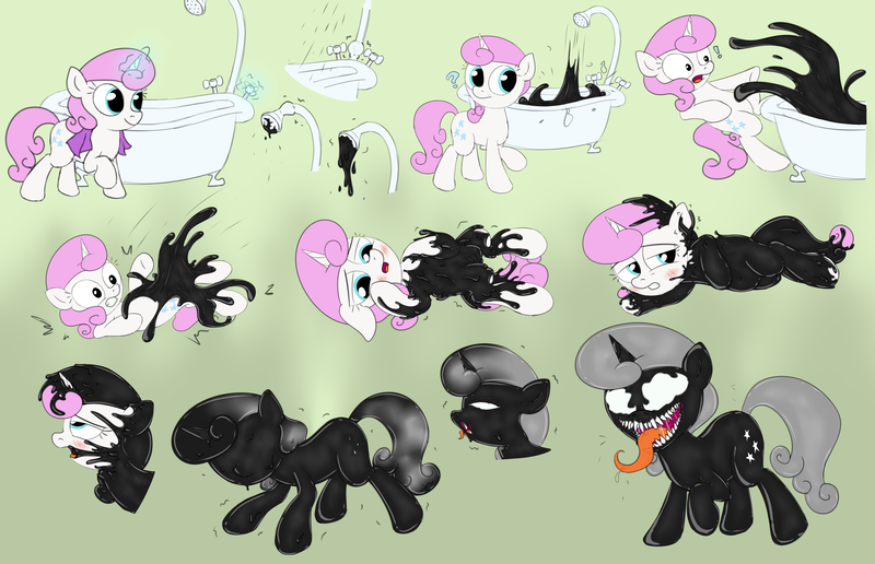 Size: 7626x4915 | Tagged: questionable, artist:tomlooksatstuff, derpibooru import, twinkleshine, goo, pony, unicorn, alternate cutie mark, bathtub, blushing, bondage, corrupted, encasement, exclamation point, female, fetish, g4, gradient background, horn, image, latex, living clothes, living latex, living suit, long tongue, marvel comics, merge, merging, mind control, open mouth, png, possession, question mark, sequence, shower, slime, solo, symbiote, teeth, tongue out, transformation, transformation sequence, venom