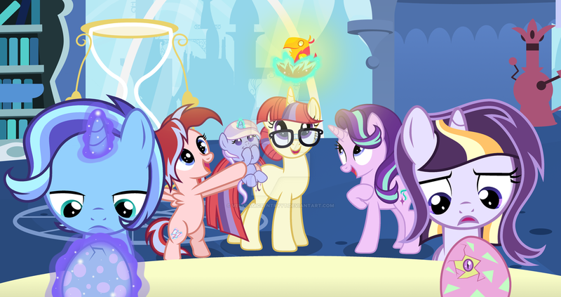 Size: 1280x677 | Tagged: safe, artist:velveagicsentryyt, derpibooru import, moondancer, starlight glimmer, oc, oc:callisto, oc:cosmica, oc:moona, oc:violet star, phoenix, pony, unicorn, baby, baby pony, colt, egg, female, filly, foal, g4, horn, image, magical lesbian spawn, male, offspring, parent:flash sentry, parent:moondancer, parent:starlight glimmer, parent:trixie, parents:flashdancer, parents:startrix, png