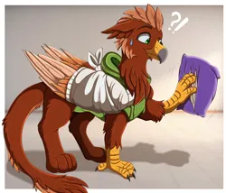Size: 2996x2565 | Tagged: safe, artist:pridark, derpibooru import, oc, oc:pavlos, gryphon, bandage, barely pony related, beak, broken bone, broken wing, cast, cheek fluff, claws, clothes, colored wings, commission, cushion, eared griffon, griffon oc, image, injured, male, non-pony oc, nonbinary, pillow, png, sling, stuck, tail, wings