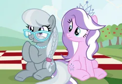 Size: 1758x1220 | Tagged: safe, artist:cstrawberrymilk, derpibooru import, diamond tiara, silver spoon, earth pony, pony, apple, apple tree, female, food, g4, image, jpeg, mare, older, older diamond tiara, older silver spoon, picnic blanket, tree