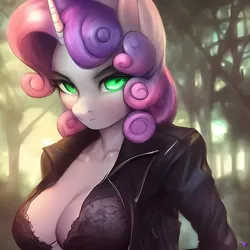 Size: 1024x1024 | Tagged: suggestive, ai content, machine learning generated, ponerpics import, stable diffusion, sweetie belle, anthro, bra, breasts, busty sweetie belle, clothes, forest, forest background, generator:purplesmart.ai, image, jacket, jpeg, leather, leather jacket, older, older sweetie belle, solo, sweetie belle is not amused, tree, unamused, underwear