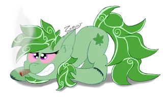 Size: 1881x1128 | Tagged: safe, artist:zeccy, derpibooru import, oc, oc:stoney poney, unofficial characters only, earth pony, pony, drugs, image, joint, marijuana, png, red eyes, sharp teeth, simple background, solo, teeth, transparent background