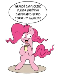 Size: 1164x1496 | Tagged: safe, artist:doodledonutart, derpibooru import, pinkie pie, pony, atg 2024, coffee, derp, image, newbie artist training grounds, pinkie found the coffee, png, simple background, solo, white background, xk-class end-of-the-world scenario