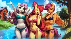 Size: 3832x2144 | Tagged: suggestive, ai content, derpibooru import, machine learning generated, stable diffusion, apple bloom, scootaloo, sweetie belle, anthro, earth pony, pegasus, unicorn, apple, bikini, clothes, cutie mark crusaders, food, g4, horn, image, png, prompter:neondash, swimsuit, tree, water