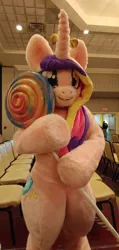 Size: 976x2048 | Tagged: safe, artist:qtpony, artist:superponybolt, derpibooru import, princess cadance, human, candy, cute, food, fursuit, hoof hold, image, indoors, irl, irl human, jpeg, lollipop, photo, ponysuit, solo