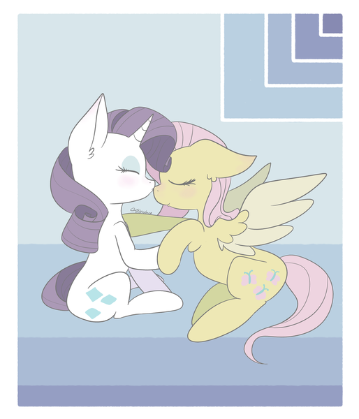 Size: 2427x2832 | Tagged: safe, artist:tkshoelace, derpibooru import, fluttershy, rarity, pegasus, pony, unicorn, blue background, duo, duo female, female, flarity, floppy ears, g4, holding hooves, horn, image, kissing, lesbian, nose kiss, png, shipping, simple background, sitting, spread wings, wings