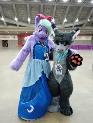 Size: 960x1280 | Tagged: safe, artist:midnightrushpony, artist:scarletwingsfs, derpibooru import, flitter, human, clothes, dress, duo, furry, fursuit, image, indoors, irl, irl human, jpeg, photo, ponysuit