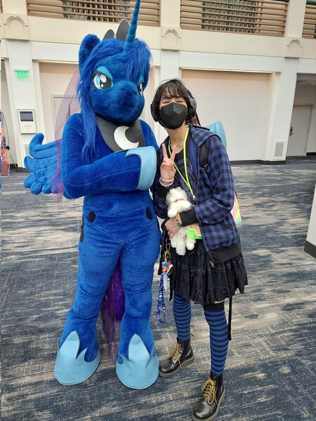 Size: 1536x2048 | Tagged: safe, derpibooru import, princess luna, alicorn, human, 2023, babscon, duo, fursuit, image, indoors, irl, irl human, jewelry, jpeg, photo, ponysuit, regalia