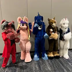 Size: 1080x1080 | Tagged: safe, artist:qtpony, derpibooru import, princess cadance, princess luna, 2023, babscon, clothes, furry, fursuit, group photo, image, indoors, irl, jewelry, jpeg, photo, ponysuit, regalia