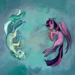 Size: 1800x1800 | Tagged: safe, artist:weird--fish, derpibooru import, lyra heartstrings, twilight sparkle, twilight sparkle (alicorn), alicorn, pony, unicorn, fanfic:background pony, commission, duo, g4, horn, image, jpeg, lying down, lyre, musical instrument