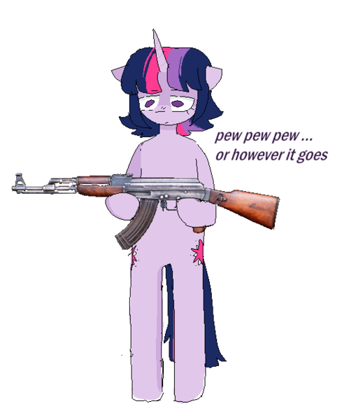 Size: 548x646 | Tagged: safe, derpibooru import, twilight sparkle, pony, semi-anthro, unicorn, ak-47, assault rifle, g4, gun, horn, image, png, rifle, solo, text, weapon