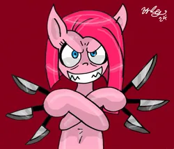 Size: 1087x929 | Tagged: semi-grimdark, artist:izzy-moonpie, derpibooru import, pinkie pie, earth pony, pony, evil grin, grin, image, jpeg, knife, pinkamena diane pie, smiling