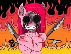 Size: 1290x988 | Tagged: semi-grimdark, artist:izzy-moonpie, derpibooru import, pinkie pie, earth pony, pony, black tears, blood, evil grin, fire, grin, image, jpeg, knife, pinkamena diane pie, scissors, smiling, swirly eyes