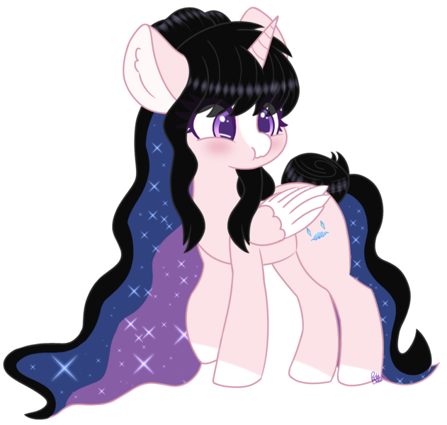 Size: 1557x1480 | Tagged: safe, artist:pasteldraws, derpibooru import, oc, oc:diana sparkle, unofficial characters only, alicorn, pony, blushing, commission, hair bun, horn, image, png, princess, puffy cheeks, simple background, solo, sparkles, transparent background, wings