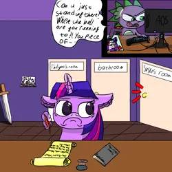 Size: 1500x1500 | Tagged: safe, artist:icycrymelon, derpibooru import, spike, twilight sparkle, dragon, pony, unicorn, aggressive, book, computer, dialogue, door, duo, duo male and female, female, g4, horn, image, letter, male, png, sword, weapon