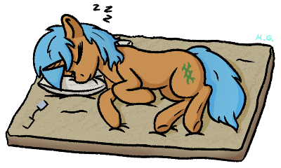 Size: 400x240 | Tagged: safe, artist:harmonicglow, derpibooru import, oc, oc:bleeding heart (magnum opus), unofficial characters only, pony, unicorn, bed, blue mane, broken glasses, cutie mark, fallout equestria: magnum opus, female, glasses, horn, image, laying on bed, lying down, mare, mattress, on bed, onomatopoeia, orange coat, pillow, png, sleeping, sound effects, unicorn oc, zzz