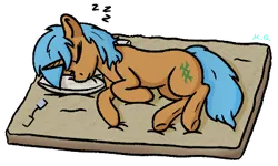 Size: 400x240 | Tagged: safe, artist:harmonicglow, derpibooru import, oc, oc:bleeding heart (magnum opus), unofficial characters only, pony, unicorn, bed, blue mane, broken glasses, cutie mark, fallout equestria: magnum opus, female, glasses, horn, image, laying on bed, lying down, mare, mattress, on bed, onomatopoeia, orange coat, pillow, png, sleeping, sound effects, unicorn oc, zzz