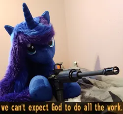 Size: 964x896 | Tagged: safe, artist:joltage, derpibooru import, princess luna, pony, fallout, fallout: new vegas, gun, image, photo, plushie, png, rifle, solo, we can't expect god to do all the work, weapon