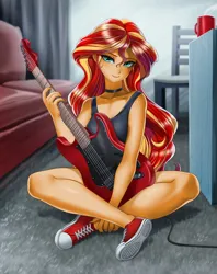 Size: 1000x1265 | Tagged: safe, artist:racoonsan, color edit, derpibooru import, edit, editor:drakeyc, sunset shimmer, human, equestria girls, chair, choker, clothes, coffee mug, colored, converse, couch, cute, eyeshadow, female, g4, guitar, image, indoors, legs, looking at you, makeup, mug, musical instrument, nail polish, png, shimmerbetes, shoes, sitting, skin color edit, smiling, sneakers, solo, tanktop