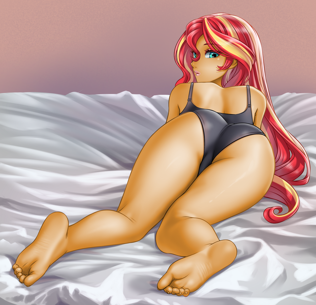 Size: 1500x1448 | Tagged: suggestive, artist:racoonsan, color edit, derpibooru import, edit, editor:drakeyc, sunset shimmer, human, equestria girls, ass, barefoot, bed, bedroom, black underwear, blushing, bra, bunset shimmer, butt, clothes, colored, eyebrows, eyebrows visible through hair, eyelashes, feet, female, g4, image, indoors, legs, light skin, lingerie, long hair, looking at you, looking back, looking back at you, lying down, multicolored hair, panties, pillow, png, red hair, sexy, skin color edit, soles, solo, solo female, toes, underwear, yellow hair