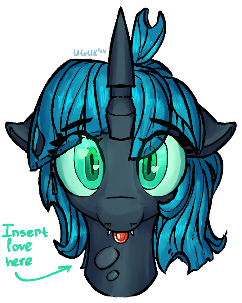 Size: 534x668 | Tagged: safe, artist:uteuk, derpibooru import, oc, oc:anonfilly, oc:changeling filly anon, changeling, pony, :p, female, filly, floppy ears, glow, glowing eyes, image, looking at you, png, tongue out