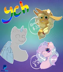 Size: 3500x4000 | Tagged: safe, artist:luanbang, derpibooru import, oc, alicorn, earth pony, pegasus, pony, unicorn, advertisement, bisexual, bisexual pride flag, bow, clothes, commission, commission info, cowboy hat, cute, female, g4, gradient background, hair bow, hat, horn, image, jpeg, lesbian, lesbian pride flag, looking at you, male, mare, outline, pride, pride flag, pride month, pride ponies, render, ych example, ych result, ych sketch, your character here