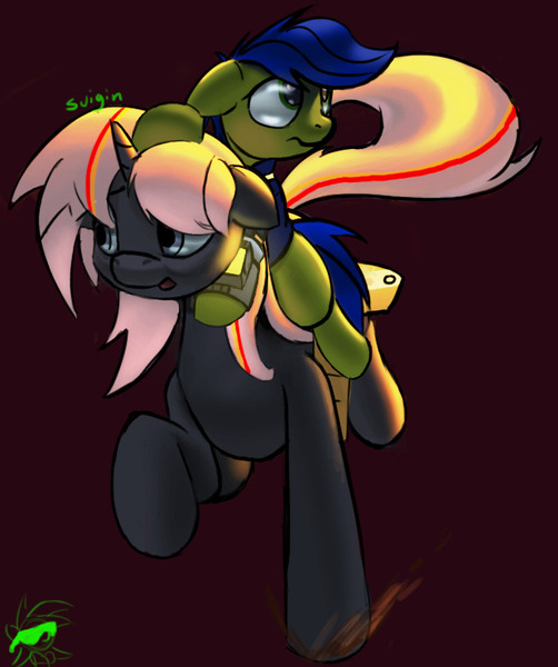 Size: 618x739 | Tagged: safe, artist:quicksilver1987, artist:suigin migasuto, derpibooru import, oc, oc:scotch tape, oc:velvet remedy, unofficial characters only, earth pony, pony, unicorn, fallout equestria, fallout equestria: project horizons, bag, clothes, earth pony oc, fanfic art, g4, glow, horn, image, jpeg, jumpsuit, medical saddlebag, pipbuck, purple background, riding, riding a pony, running, saddle bag, signature, simple background, sunglasses, unicorn oc, vault suit