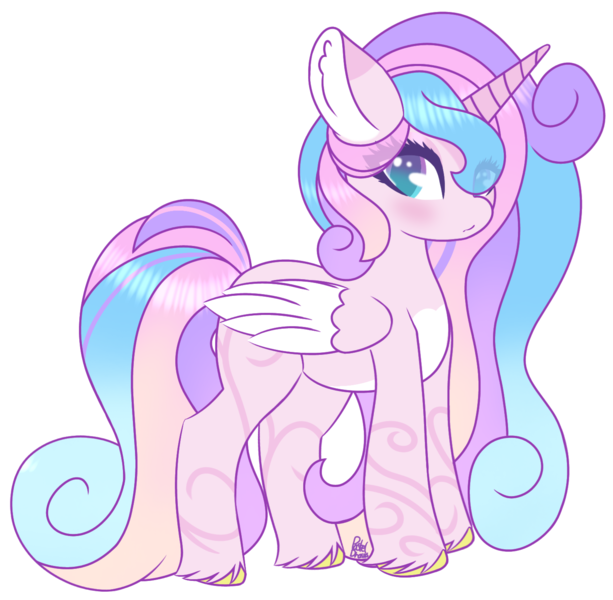 Size: 1476x1444 | Tagged: safe, artist:pasteldraws, derpibooru import, oc, oc:amora love, unofficial characters only, alicorn, pony, blushing, colorful, commission, fading, horn, image, multicolored hair, png, simple background, solo, sparkles, swirls, transparent background, two toned eyes, wings