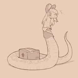 Size: 1200x1200 | Tagged: safe, artist:cold-blooded-twilight, derpibooru import, derpy hooves, snake, anaconda, blushing, box, clothes, image, monochrome, png, raised tail, sketch, species swap, tail, tongue out, uniform