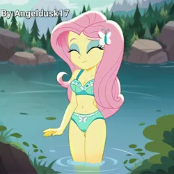 Size: 4096x4096 | Tagged: suggestive, ai content, derpibooru import, machine learning generated, prompter:angeldusk17, fluttershy, human, equestria girls, bikini, clothes, e-cup bra, eyes closed, forest, g4, image, jpeg, lake, nature, photoshop, sky, smiling, swimsuit, tree, water