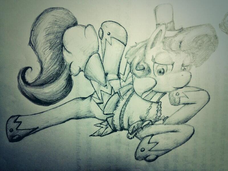 Size: 1024x768 | Tagged: safe, artist:sasho1223, derpibooru import, sapphire shores, earth pony, pony, clothes, female, g4, hat, hoof shoes, image, jpeg, lidded eyes, lying down, mare, monochrome, prone, solo, tail, traditional art